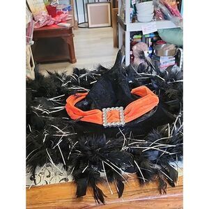 Black Feathered Witch Hat with Orange Velvet Band